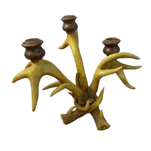 Handmade Wooden Rustic Cabin Decor Carved Antler Horn Candleholder Candelabra